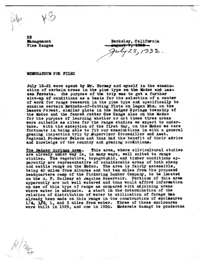 Memorandum for files, to Mr. Hormay, from F.G. Renner, Associate Range Examiner, about examinations of areas of the Modoc and Lassen Forests.