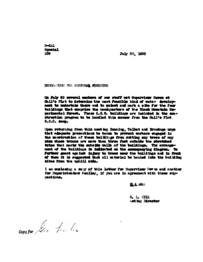 Memorandum for Regional Forester, July, 1933 from C. I. Hill, Acting Director.