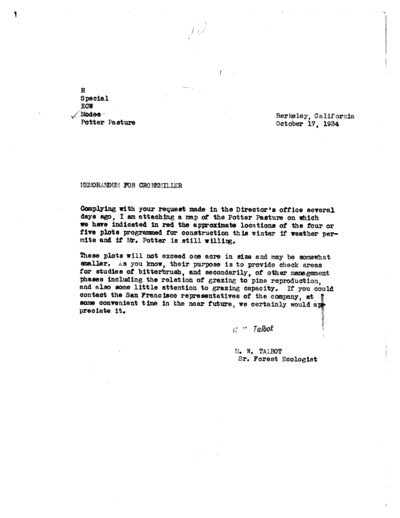 Memorandum from M.W. Talbolt sr. Forest Ecologist, October, 1934, for Mr. Cronemiller and others concerning more research plots in the Potter Pasture.