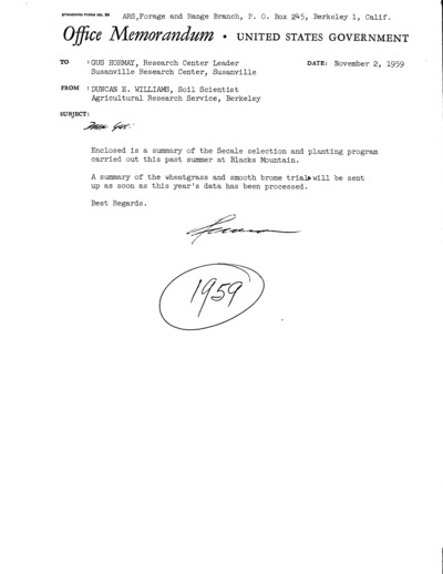 Memorandum from Duncan Williams, Soil Scientist, to Hormay concerning a planting program at Blacks Mountain, attached is a map of the Harvey Valley, November 1959.