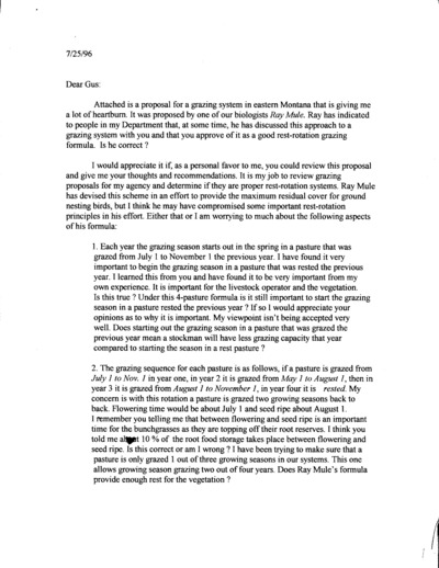 1996 Letter from Mike Frisina Requesting Rest-rotation Expertise