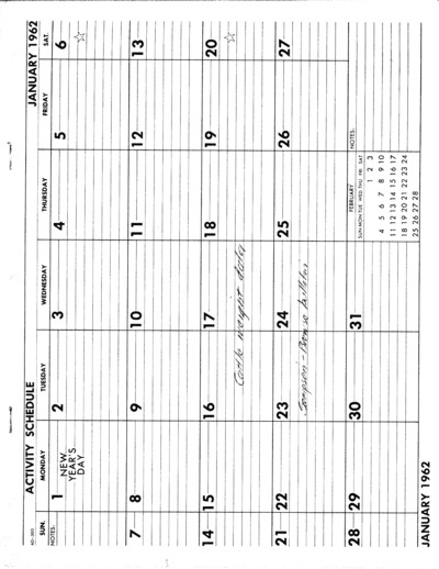 1962 Activity Schedule Calendar