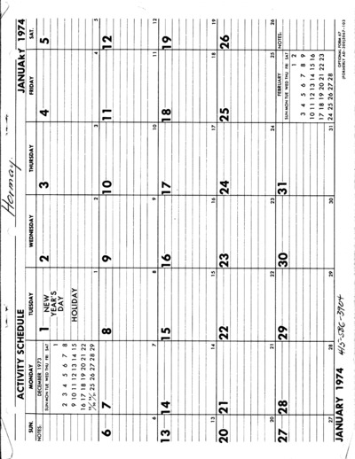 Calendar 1974 January - December Activity Schedule