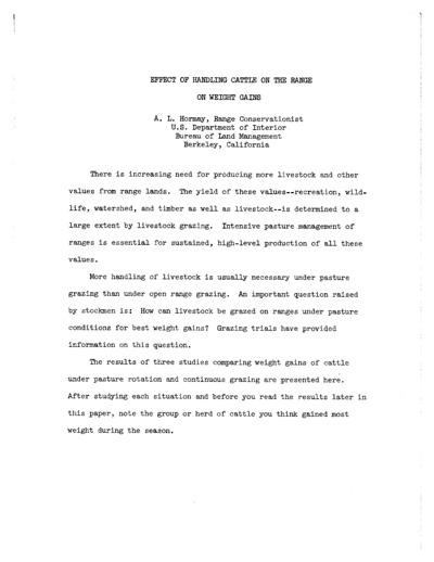 Effect of Handling Cattle on the Range on Weight Gains