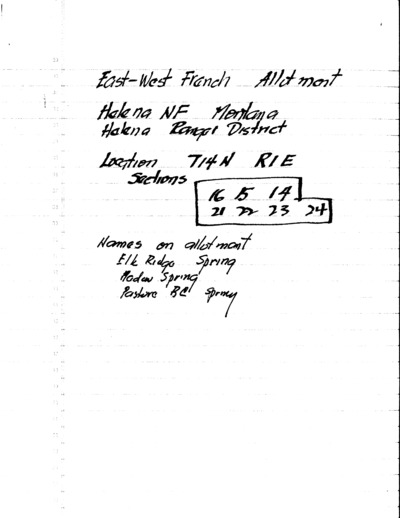 Montana United States Forest Service Helena National Forest, East-West French and Sieben Livestock Company