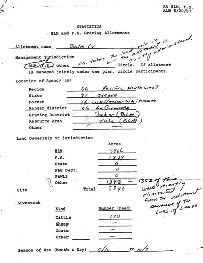 Oregon Bureau of Land Management and United States Forest Service Baker and Wallowa-Whitman National Forest and Illinois Valley Resource Area