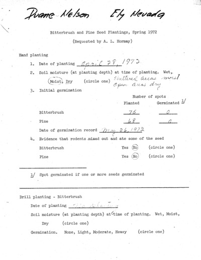 Field tests: Purshia tridentata and Pine Planting, Ely, Nevada