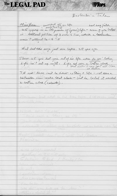 Yellow pad with notes for Bartender's Tale