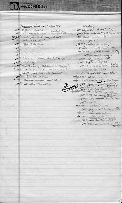 Yellow pads with notes for Dancing at the Rascal Fair (cont.) [F10]