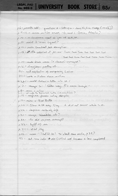 Yellow pads with notes for Dancing at the Rascal Fair (cont.) [F12]