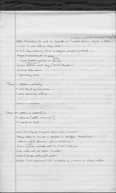 Yellow pads with notes for Dancing at the Rascal Fair (cont.) [F13]