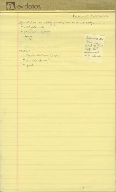 3 yellow pads with notes for Prairie Nocturne