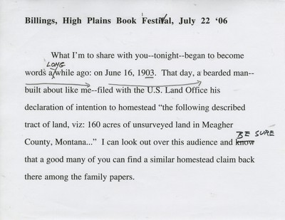 Speeches-Billings High Plains Book Festival - July 22, 2006