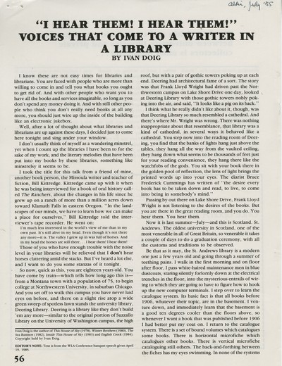 Speeches-\"I Hear Them\" Library Speech - Alki, July 1985