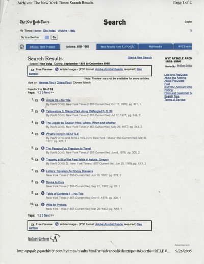 Search of New York Times of Ivan Doig pieces - September 26, 2005