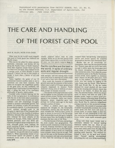 Silen Roy R. and Ivan Doig. 1976. The care and handling of the forest gene pool. Pacific Search, 10(4): 7-9.