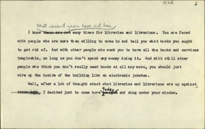 Speeches--"I hear them" (libraries speech)