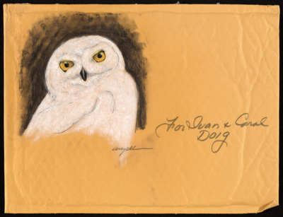 Tony Angell - Snowy owl drawing on padded envelope