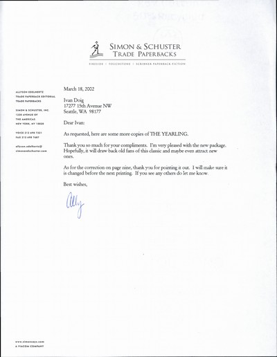 Simon & Schuster correspondence and Ivan's foreword of The Yearling