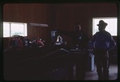 New Rockport, Montana - Dave Wipf and Ivan Doig in colony machine shop by the bending machine