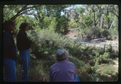 Libby Ellis, Sue Bellagamba, and Ivan Doig at Dugout Ranch creek