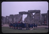 Schoolchildren in a group outside Stonehenge