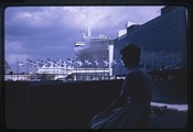 Carol Doig sits in front of French Pavilion at Expo 67
