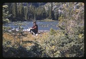 Carol Doig sits on a log in Glacier National Park