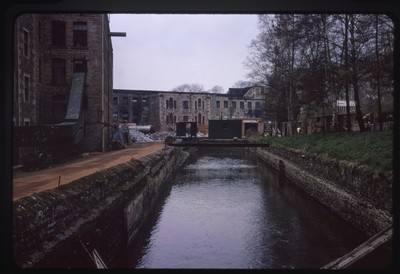 New Lanark, Scotland - overtop an inner canal within waterhouse complex