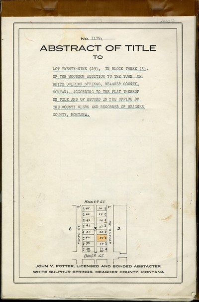 General land office documents - sale of Charlie Doig's house in White Sulphur Springs, Montana
