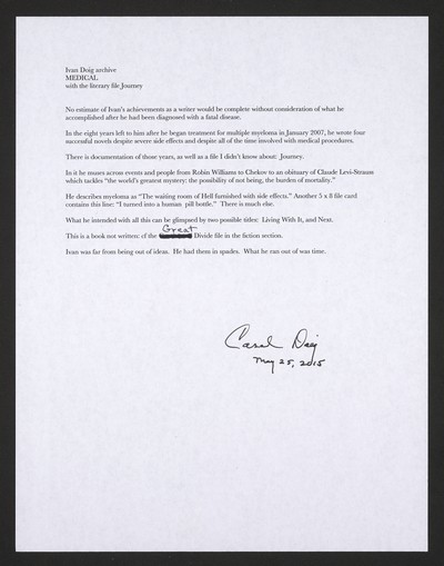 Introduction of Ivan Doig's medical journey, a file of musings written by Carol Doig-May 25, 2015
