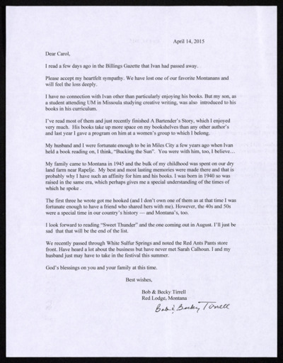 Condolence letters, April 14-16, 2015