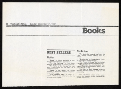 Newspaper clippings and materials regarding bestseller lists and awards for Doig books