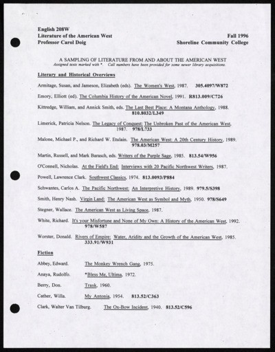 Literature of the American West course handouts, Shoreline Community College
