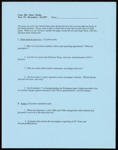 Mass Media and Society course tests, Shoreline Community College