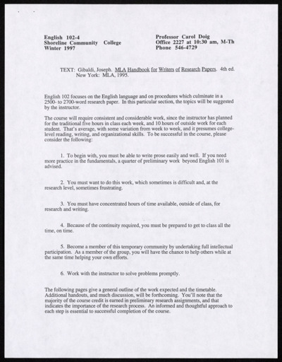 English 102 handouts and demo papers, Shoreline Community College