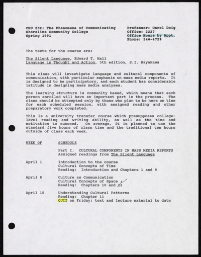 Course materials, fall 1989 and spring 1991, Shoreline Community College