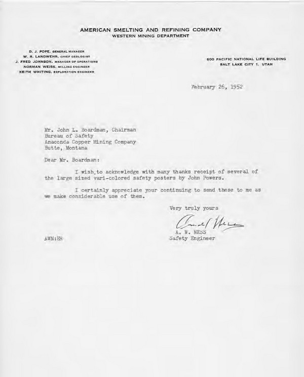 Anaconda Company Bureau of Safety, Correspondence
