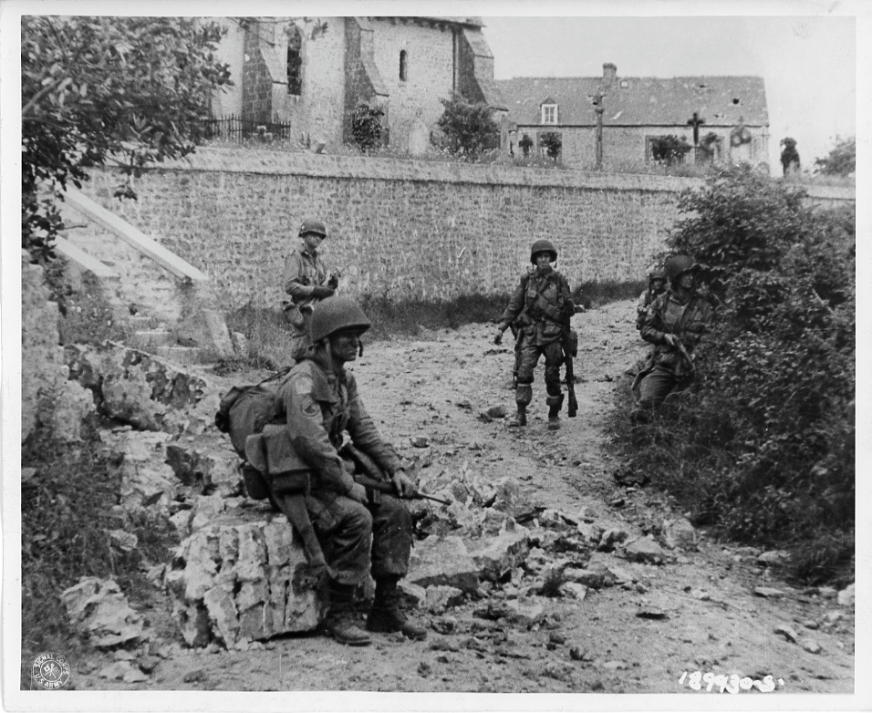 American paratroopers in a French churchyard