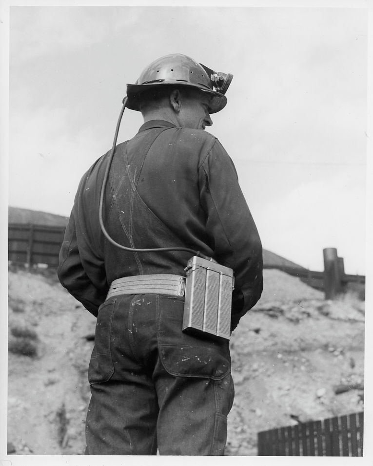Back view of miner's gear on Jimmy Doran