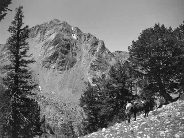Mrs. Swan and "Brownie" Below Summit Lake, Spanish Peaks, Montana