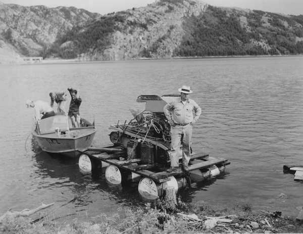 Old Lightning Sno Bug on Raft on Hebgen Lake, near West Yellowstone, Montana