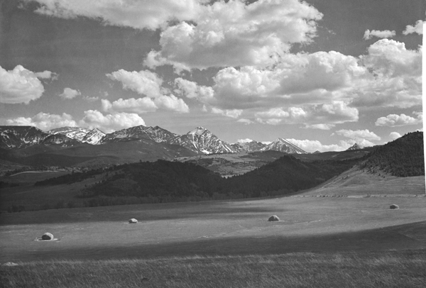 View of the Spanish Peaks from the Flying D Ranch, Madison Range, Montana