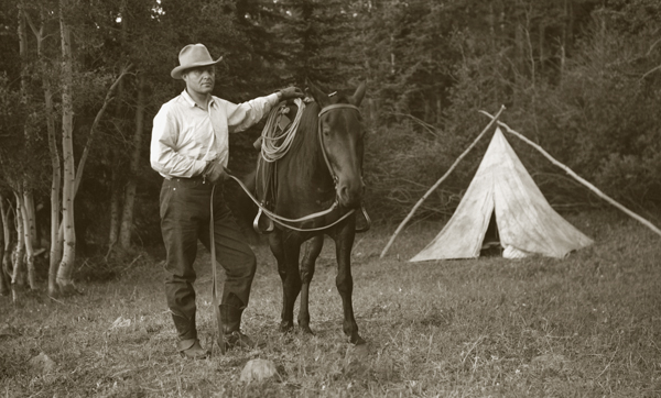 Edwin Harvat and his Horse Brownie, Mill Creek Camp, Paradise Valley, Montana