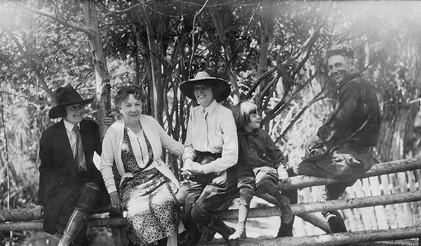 Bess and Clyde Erskine with Dudes at the OTO Dude Ranch, Corwin Springs, Montana