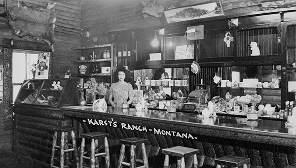 Anna Severance Standing Behind The Karst Winter Bar, Karst Kamp and Stage Stop, Gallatin Canyon, Montana