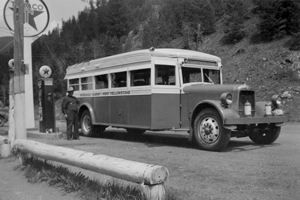 Karst Kamp and Stage Stop Bus Getting Fuel, Gallatin Canyon, Montana