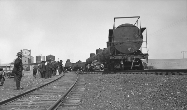 Train and Wrecked Automobile, Harlowton, Montana
