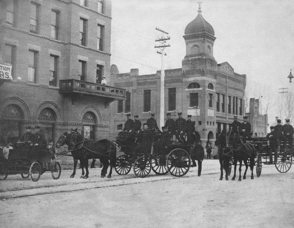 Bozeman Firemen on Horse-Drawn Wagons, Bozeman, Montana