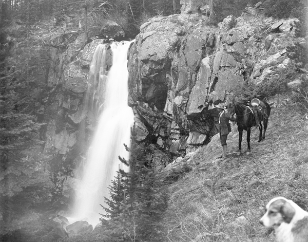 Men, Horses, and a Dog at Spanish Creek Falls, Madison Range, Bozeman, Montana
